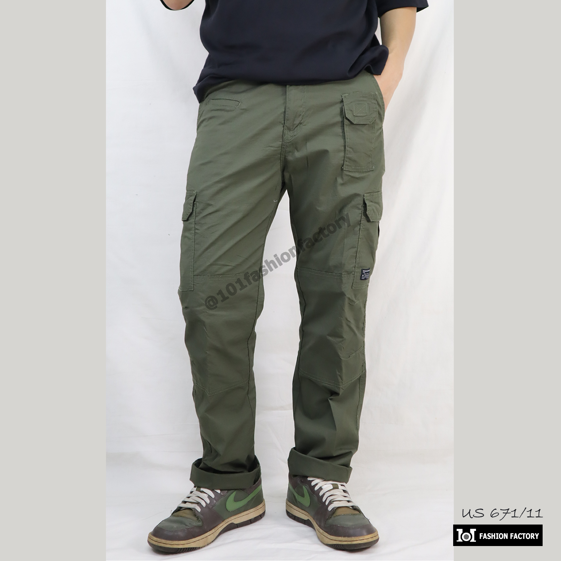 กางเกงแฟชั่นคาร์โก้ NO.671/11 Legular Fit ผ้ากันลมยืดทรงกระบอก สีขี้ม้า | US101