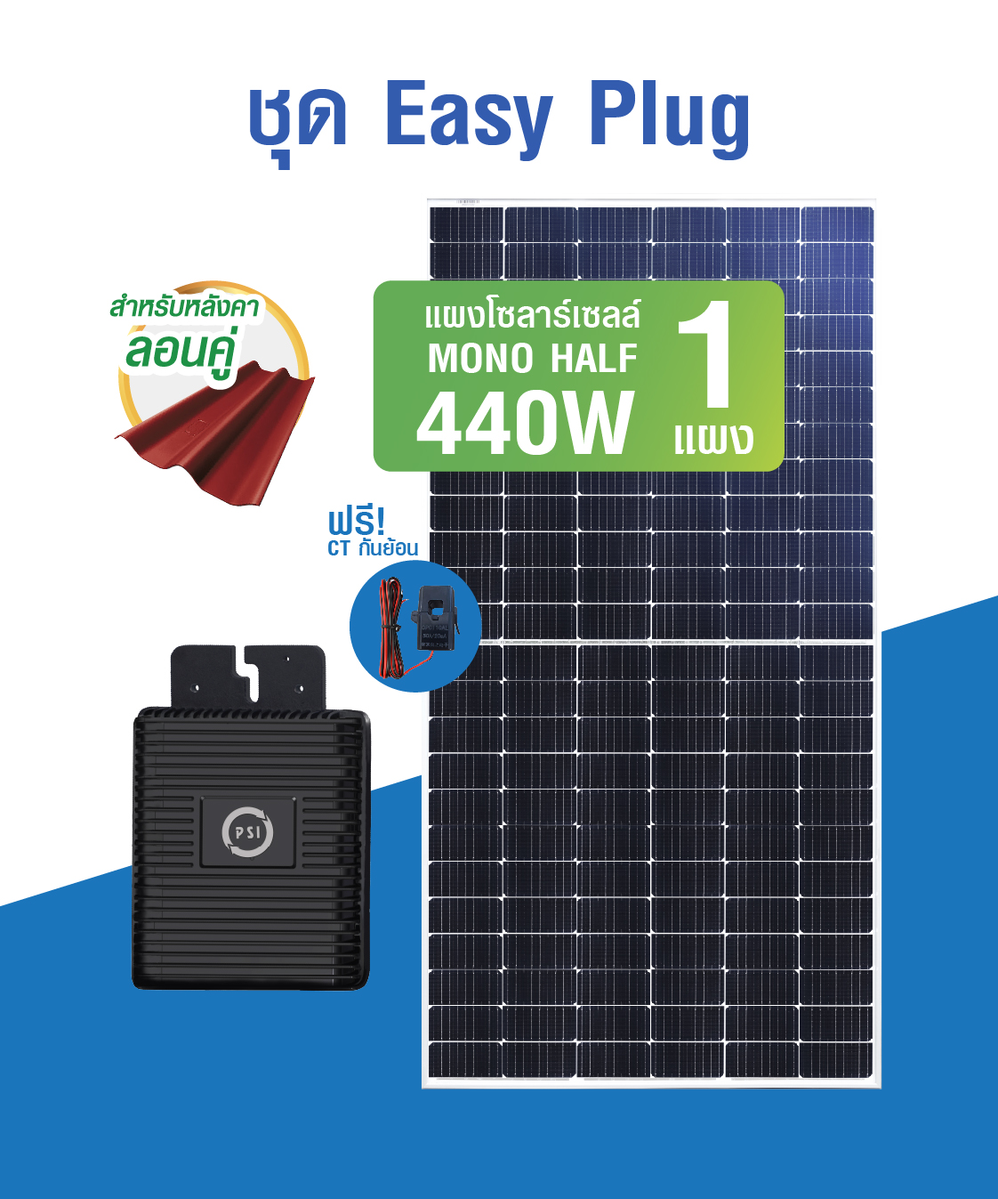ชุดโซลาร์เซลล์ Easy Plug MICROINVERTER MODEL HM-400 + กันย้อน +แผงโซล่าเซลล์ 420W จำนวน 1 แผง – หลังคากระเบื้องลอนคู่