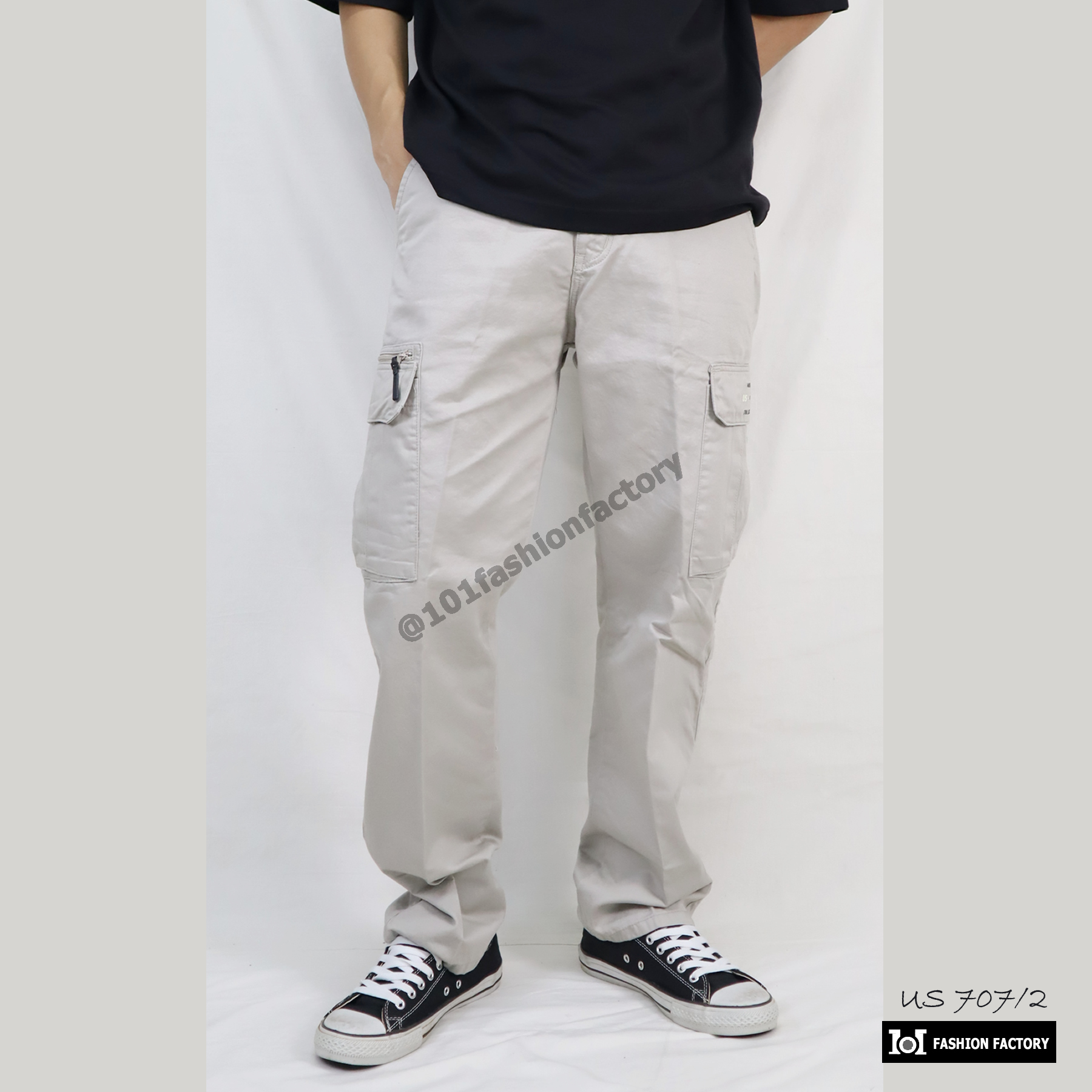 กางเกงคาร์โก้กระเป๋าข้าง NO.707/2 ขาตรงทรงหลวมกระบอกธรรมดา สีครีม | 101FashionFactory