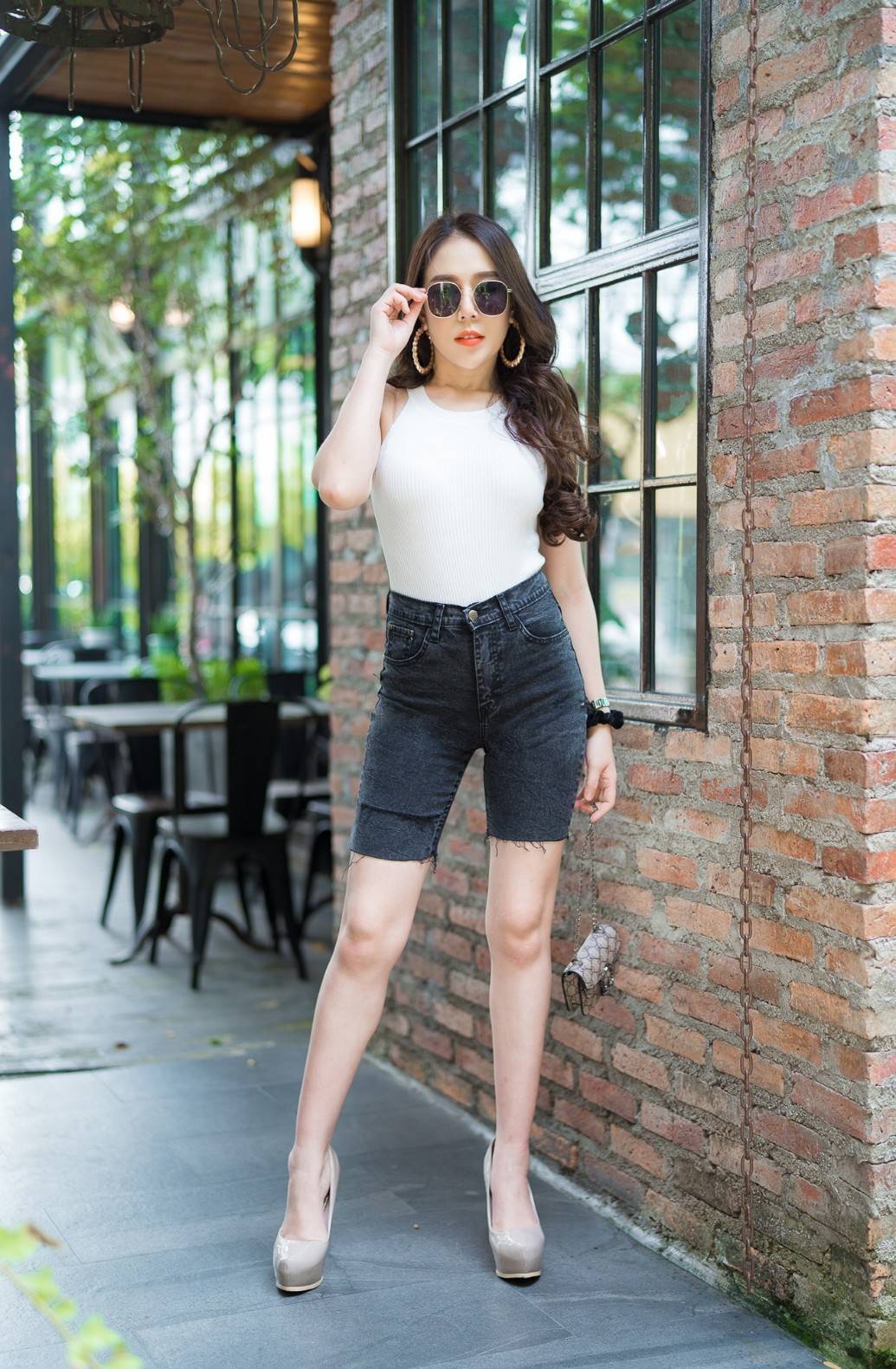 กางเกงยีนส์ 3 ส่วน สีดำ ปาดข้าง-BB11