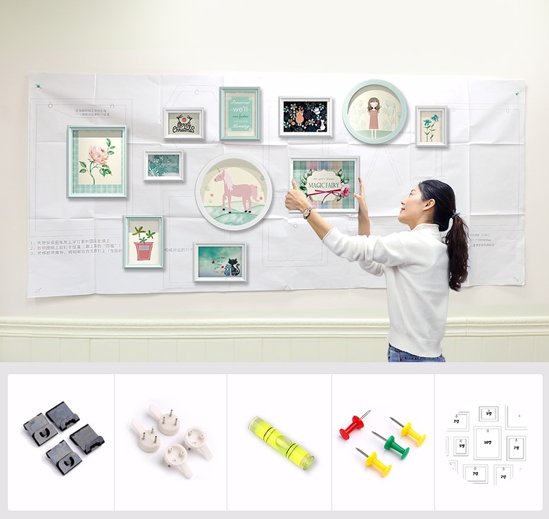 ชุดกรอบรูปติดผนัง Peony light blue กรอบรูปไม้ 14 ชิ้นพร้อมภาพตามแบบ + รูปแคนวาส 2 ชิ้นและวัสดุติดตั้ง