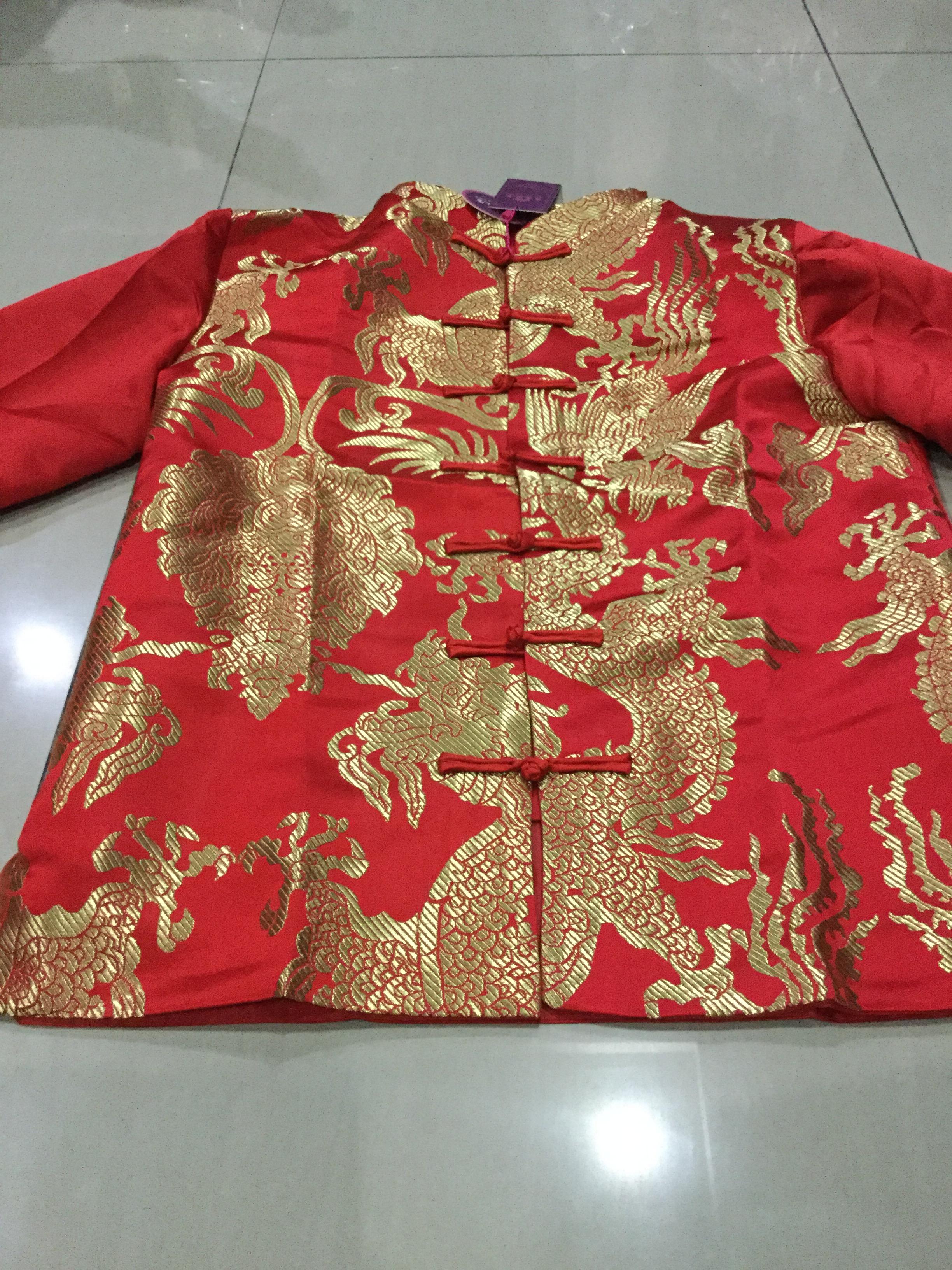 เสื้อจีนผู้ชายสีแดงลายมังกร 2 ด้าน สีทอง ZH135 พร้อมส่ง