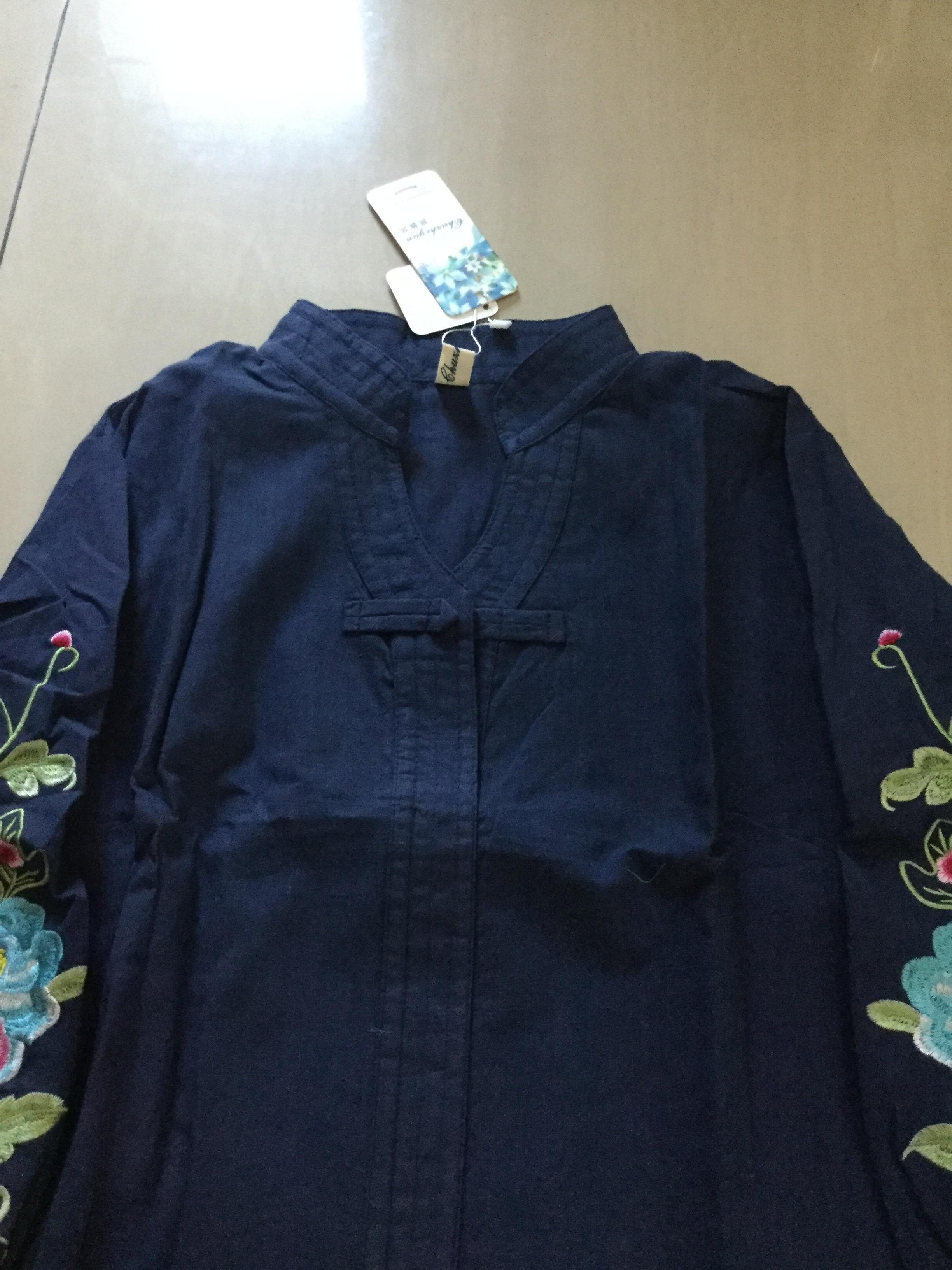 เสื้อผ้าลินิน สีน้ำเงิน ลายปัก รหัส SHI 69 สินค้าพร้อมส่ง