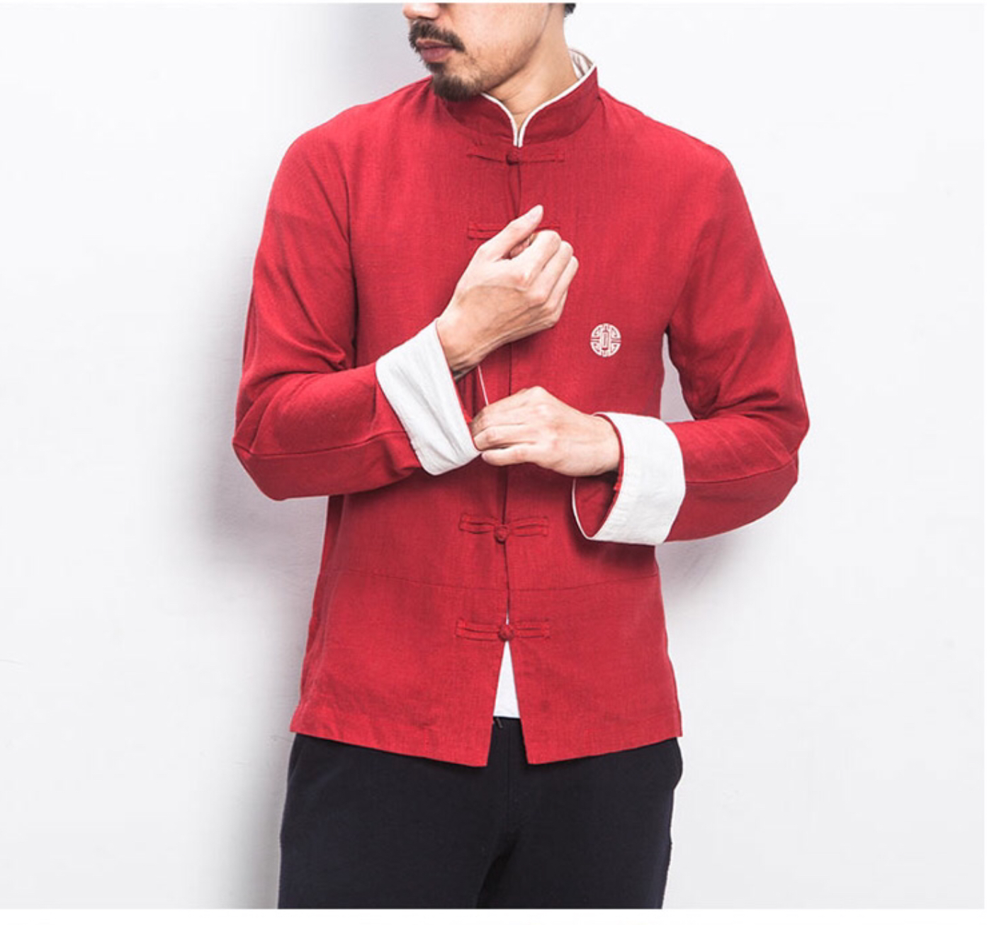 เสื้อจีนชาย ผ้าฝ้ายสีแดง ลายปัก C104 สินค้าพร้อมส่ง