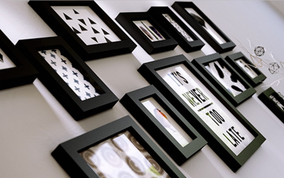 ชุดกรอบรูปติดผนัง Black 12 กรอบรูปไม้สีดำ 12 ชิ้น พร้อมรูปภาพตามแบบและวัสดุติดตั้ง