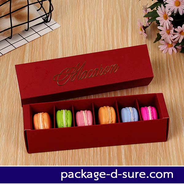โปรโมชั่น//กล่องมาการอง 6 ชิ้น 5.4x20.5x5.3 สีแดงเข้ม ลายเซ็นต์ macaron