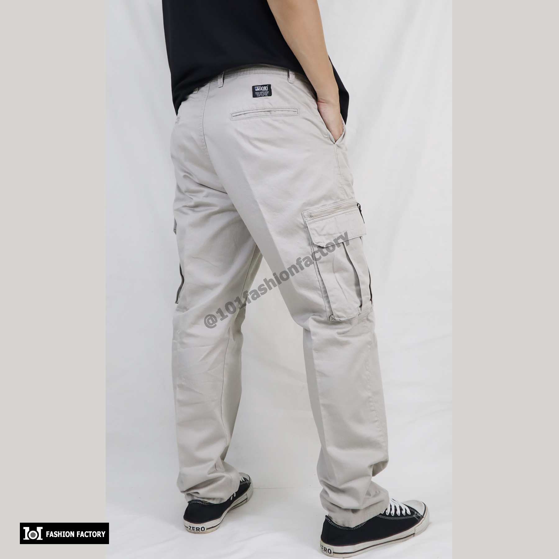 กางเกงคาร์โก้กระเป๋าข้าง NO.707/2 ขาตรงทรงหลวมกระบอกธรรมดา สีครีม | 101FashionFactory