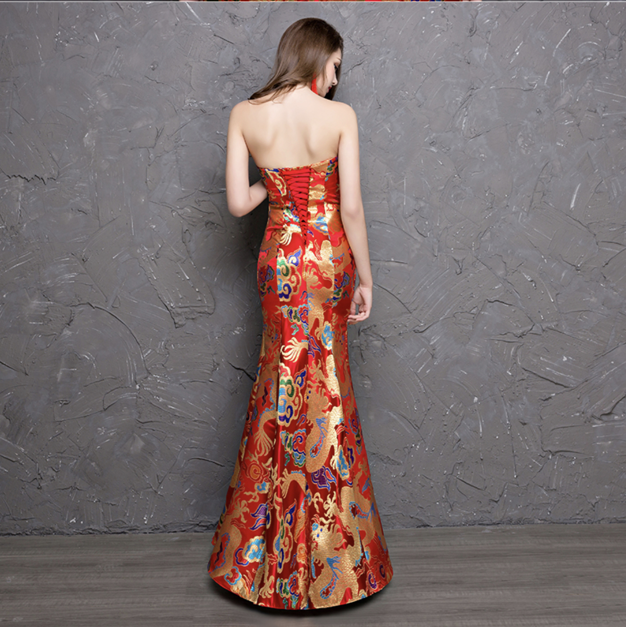 กี่เพ้ายาวเกาะอกสีแดง LX99 สินค้าพร้อมส่ง