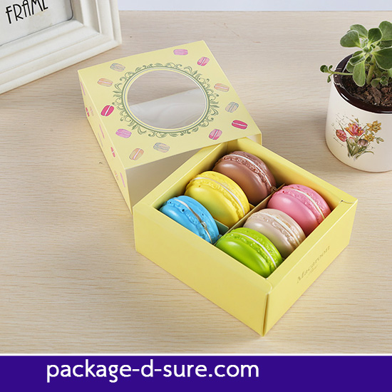 โปรโมชั่น//กล่องมาการองสี่เหลี่ยม 6 ชิ้น แยก 2 ชิ้น 12x11x 5 สีเหลือง ลายมาการอง