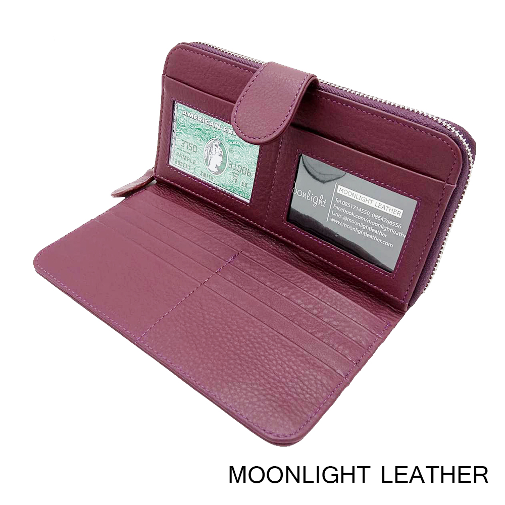 กระเป๋าสตางค์ผู้หญิง ใบยาวสวยงาม สีม่วง ทำจากหนังวัวแท้แสนนุ่ม ทนทาน โดนน้ำได้ ไม่ลอกร่อน พร้อมกล่องแบรนด์แท้