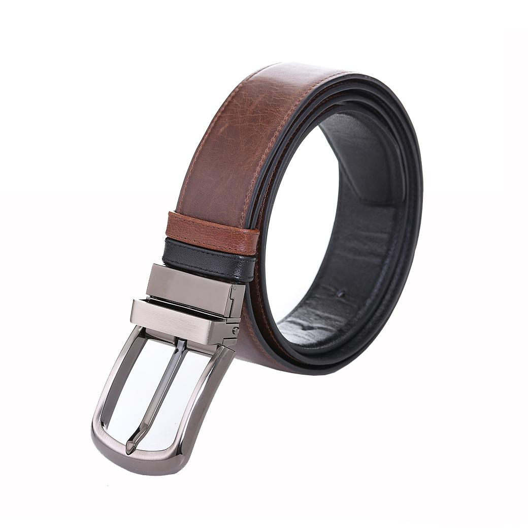 เข็มขัดหนังแท้ สำหรับผู้ชาย แบบ Two Tone สองสี ดำ-น้ำตาลอ่อน หัวบิดกลับได้ รุ่น Twist