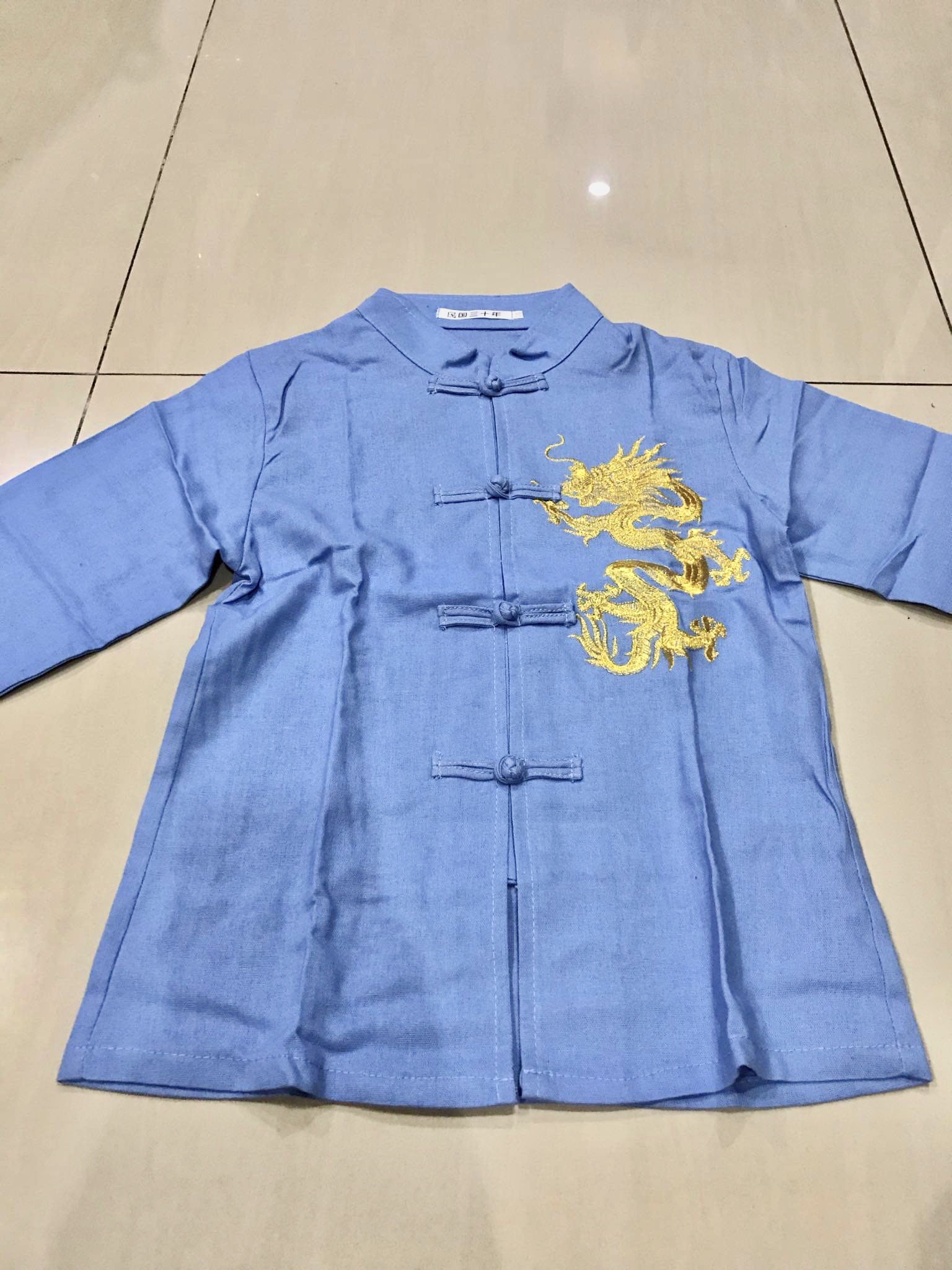 ชุดจีนเด็กชาย สีฟ้า ผ้าลินิน ลายปักมังกร รหัส ZM 49 สินค้าพร้อมส่ง