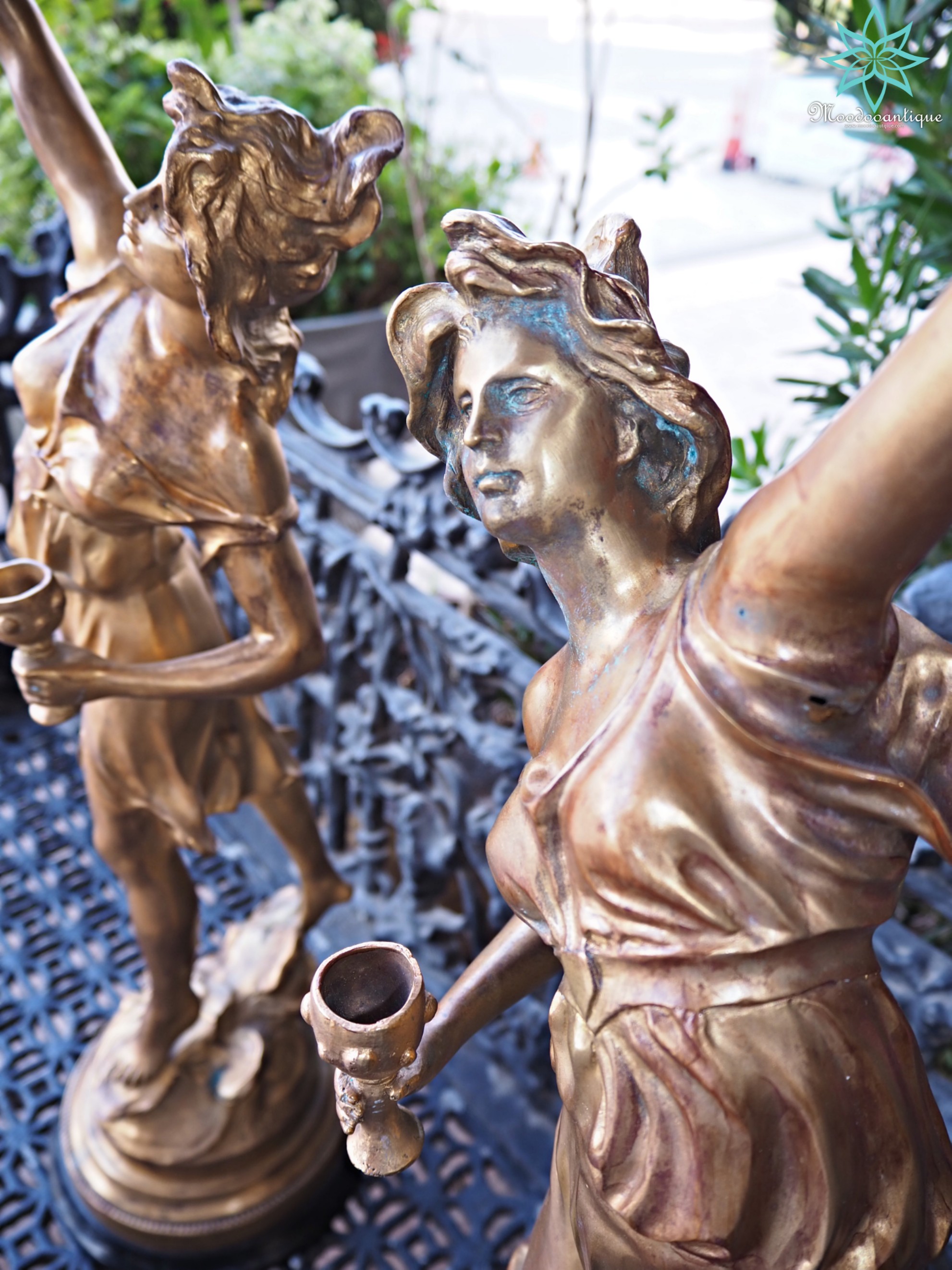 เชิงเทียนบรอนซ์รูปปั้นเทพีคู่งาน Art Nouveau Antique L&F Moreau
