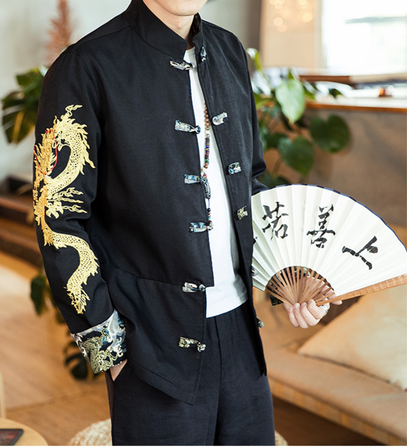 เสื้อจีนชายสีดำลายปักมังกรทอง รหัส JK130 สินค้าพร้อมส่ง