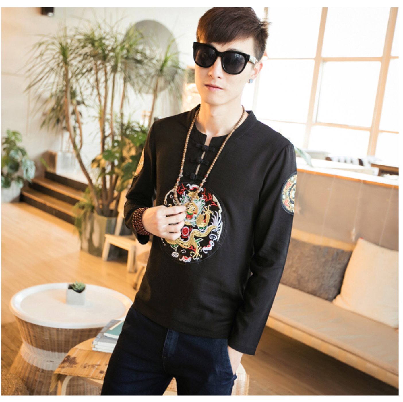 เสื้อจีนชาย ผ้าฝ้าย สีดำลาย วงกลม รหัส E79 สินค้าพร้อมส่ง