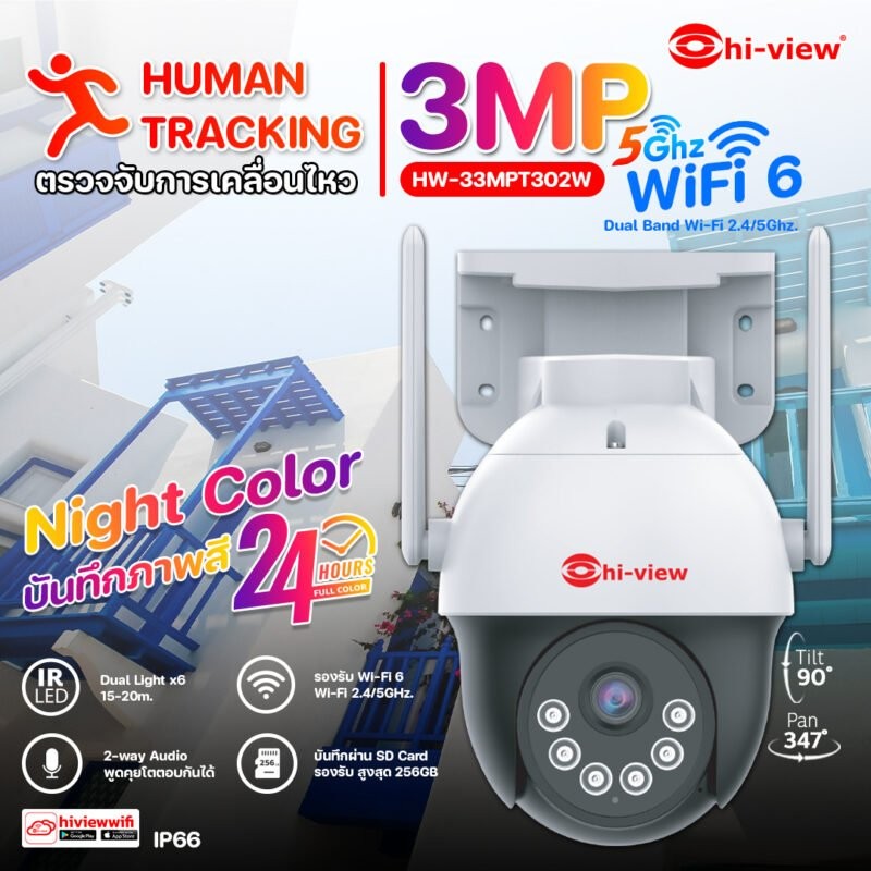 HW-33MPT302W กล้องวงจรปิดไร้สาย ความคมชัด 3 ล้านพิกเซล รองรับ Wi-Fi 6 2.4/5Ghz.