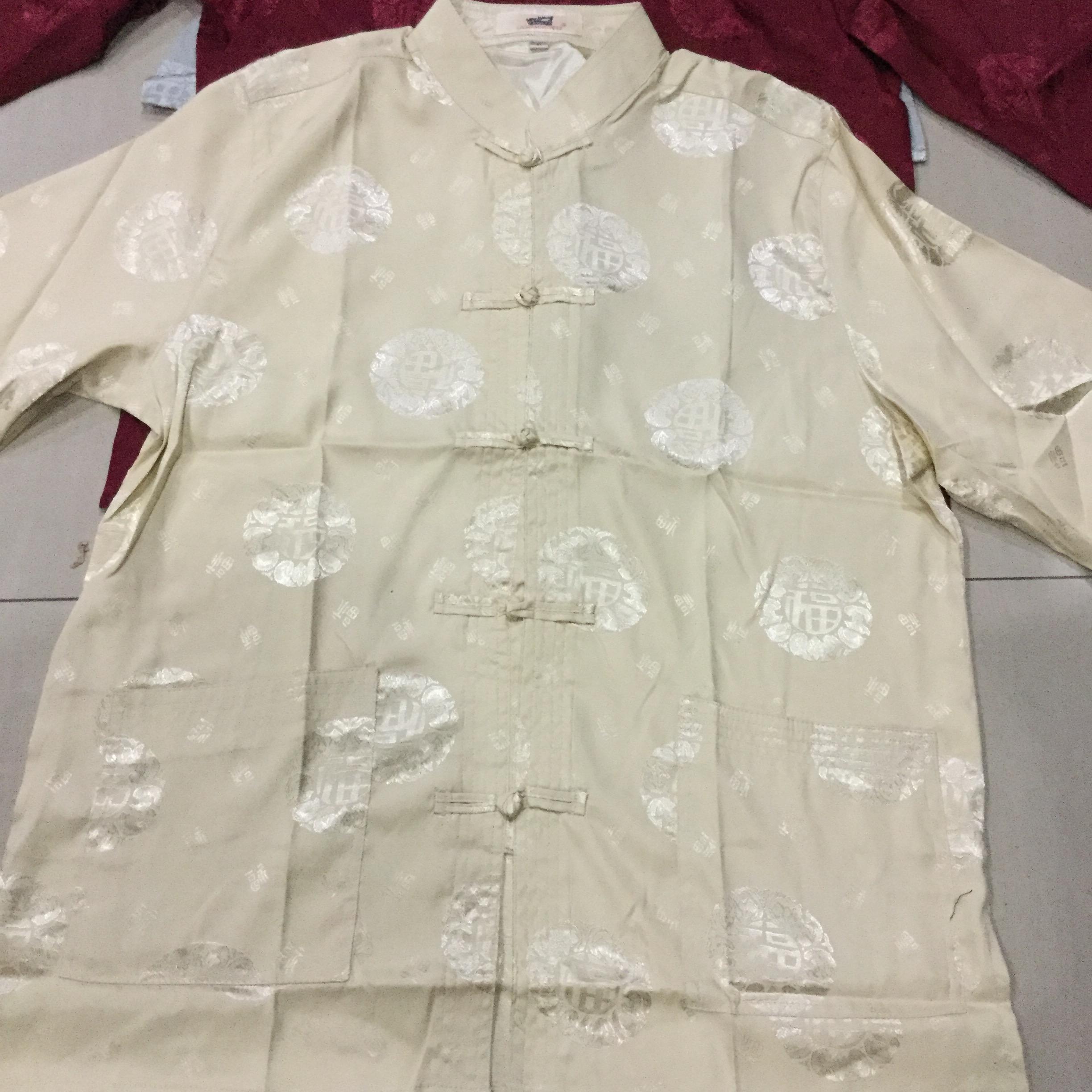 เสื้อจีนชาย ผ้าไหมสีเหลืองครีม F55 สินค้าพร้อมส่ง