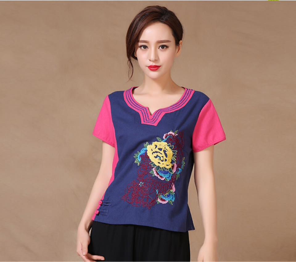 เสื้อจีน สีฟ้าแขนชมพู P138