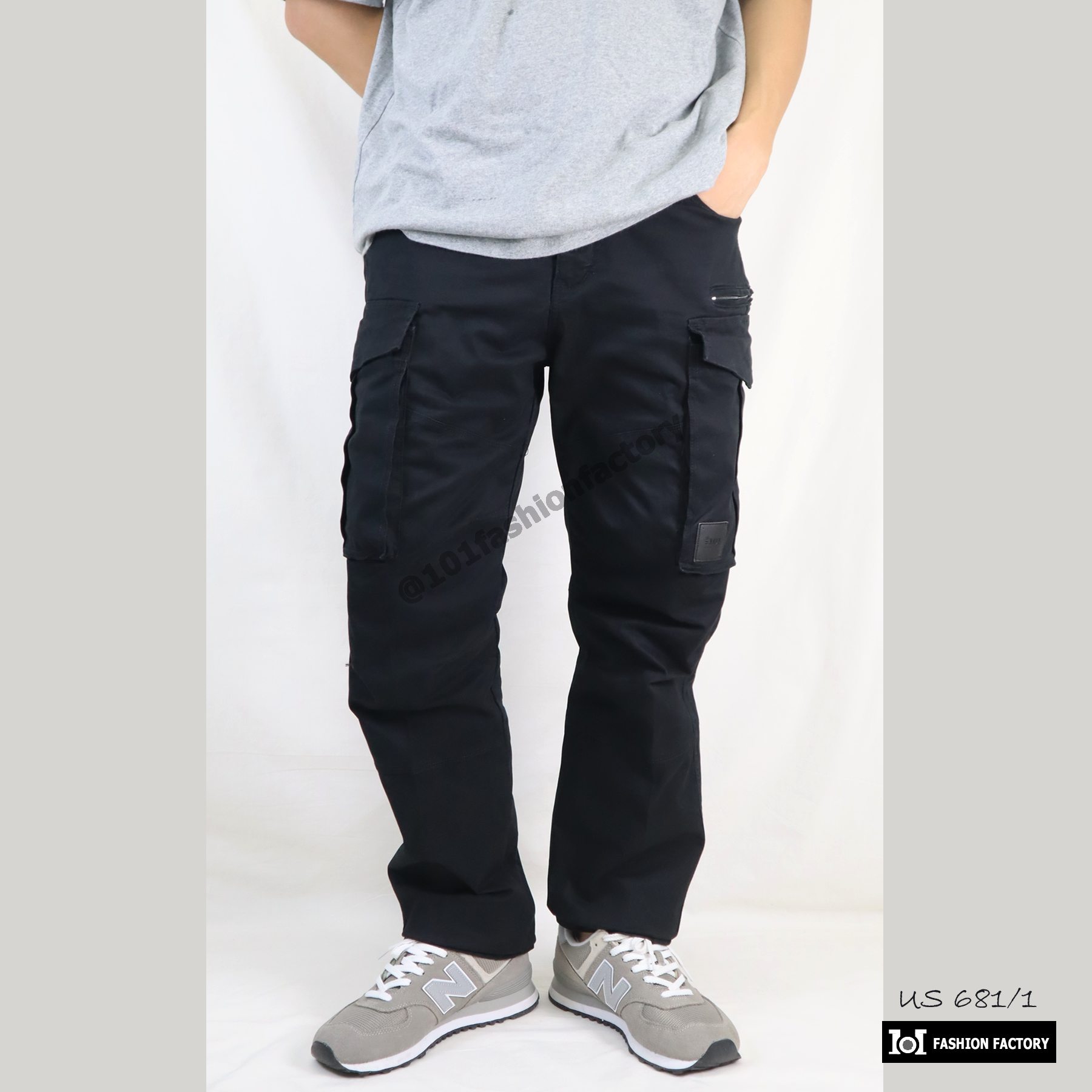 กางเกงคาร์โก้ผู้ชายทรงหลวม NO.681/1 ขายาวคอตตอนยืด สีดำ | US101