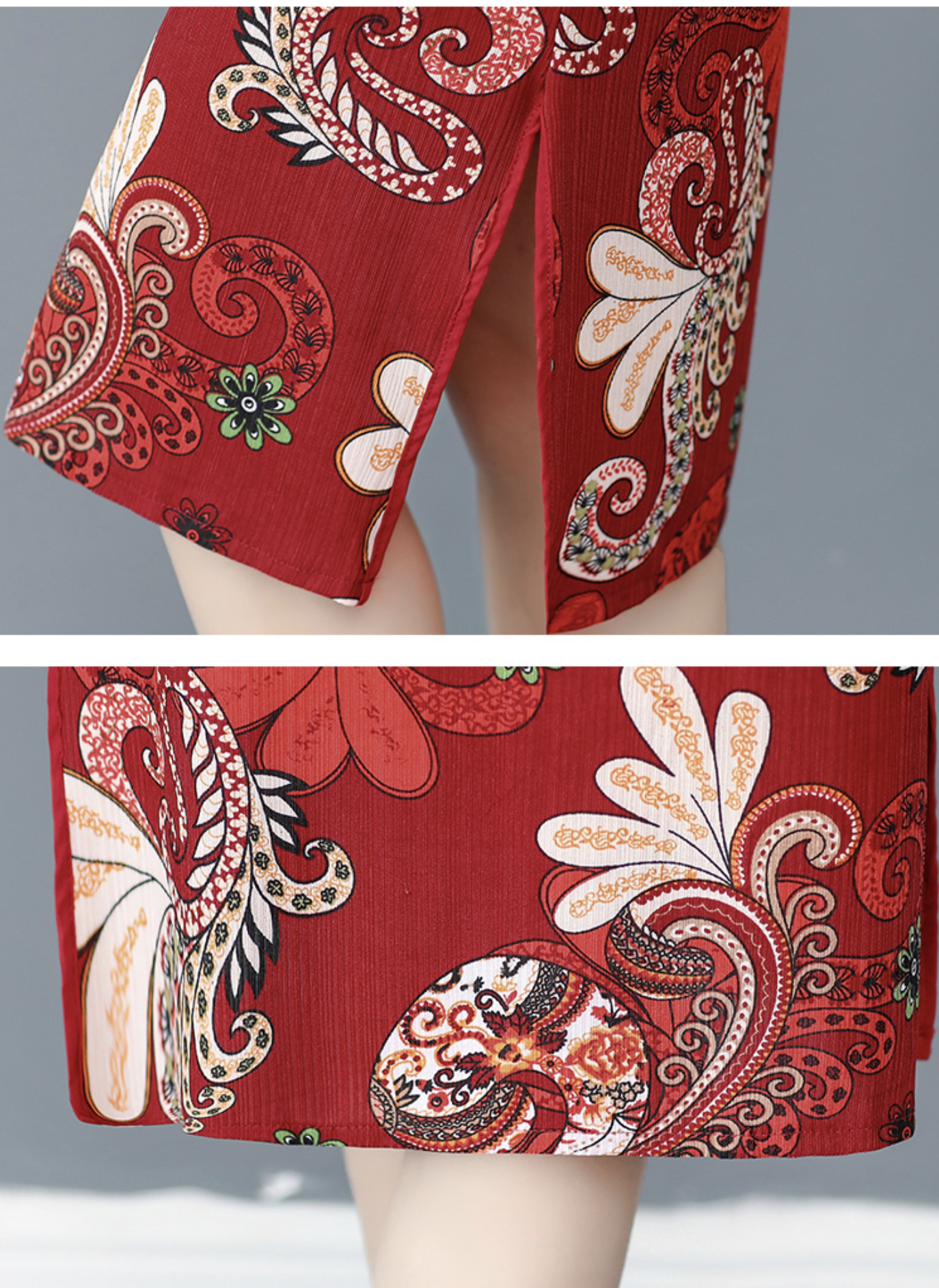 กี่เพ้าสั้น สีแดงลายดอกใหญ่ รหัส RV 18 สินค้าพร้อมส่ง (ผ้ายืด สวมหัว)