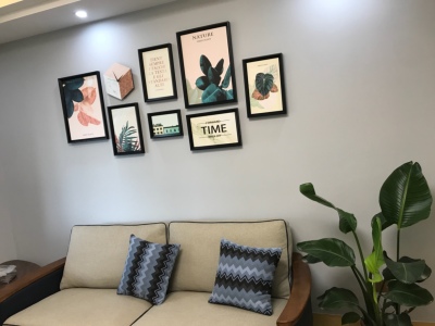 ชุดรูปกรอบลอย Nature (Pink Green)+นาฬิกา ภาพกรอบลอยมีขอบ(สีดำ) 7 ชิ้น + นาฬิกา พร้อมวัสดุติดตั้ง