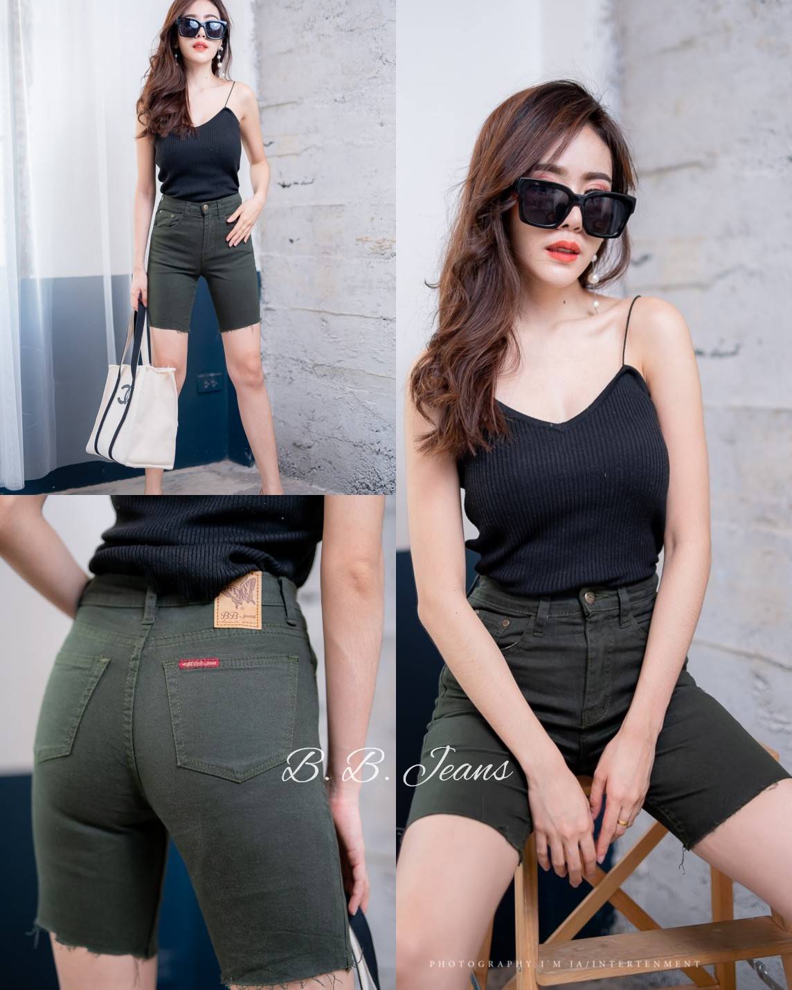 กางเกงยีนส์ 3 ส่วน สีดำ ปาดข้าง-BB13