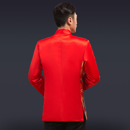 เสื้อจีนผู้ชายสีแดงลายมังกร สีทอง ZH135