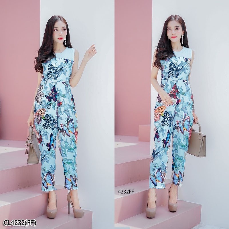 จั้มสูทขายาว เเขนกุดซีทรู ลายผีเสื้อ