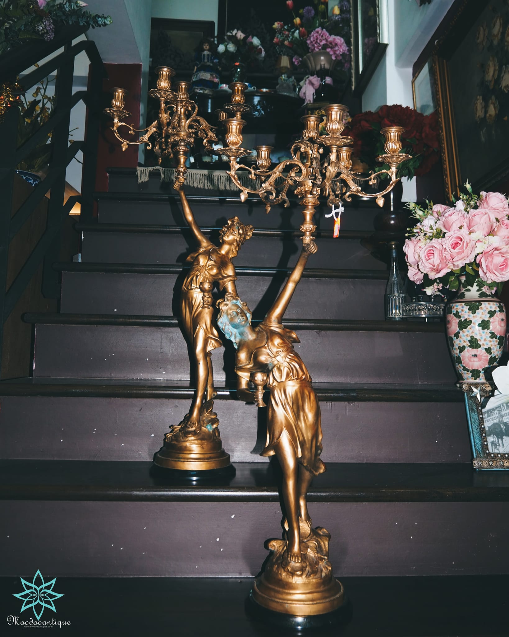 เชิงเทียนบรอนซ์รูปปั้นเทพีคู่งาน Art Nouveau Antique L&F Moreau