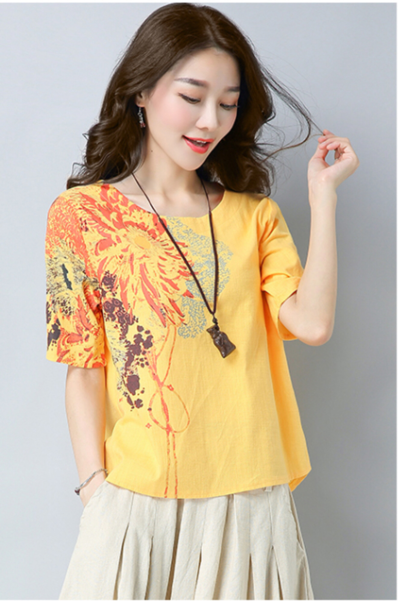 เสื้อผ้าฝ้าย แบบสวมหัว สีเหลืองลายสกรีน รหัส HM 28สินค้าพร้อมส่ง