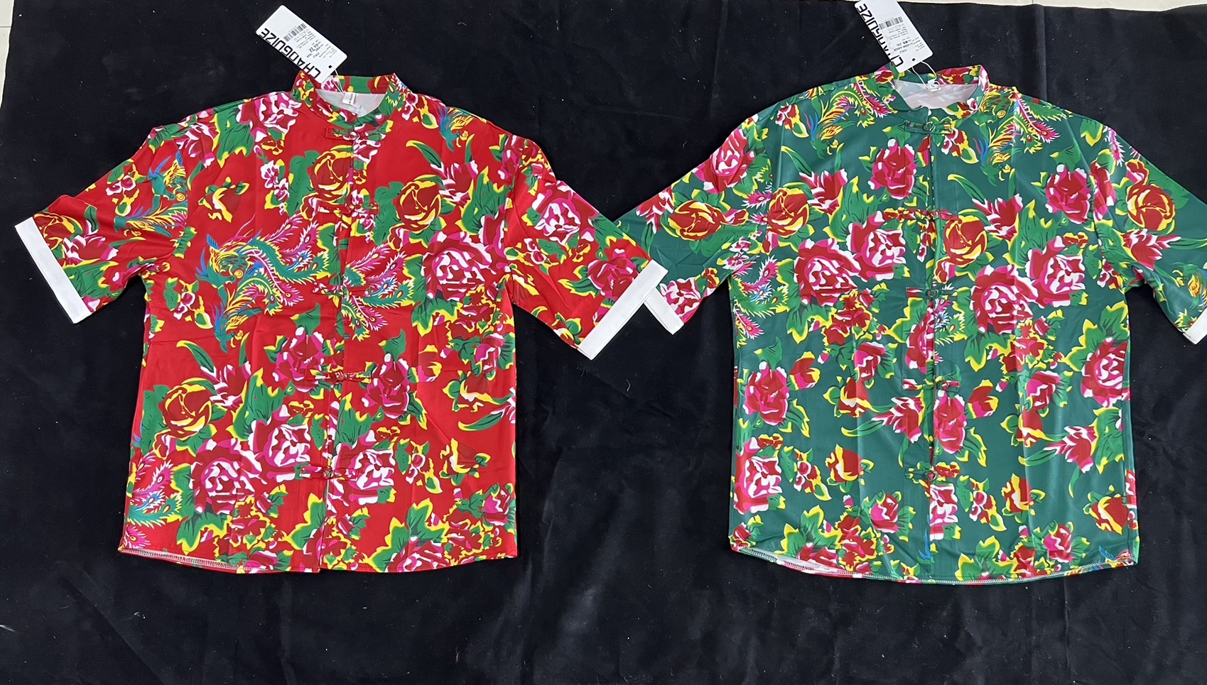 เสื้อจีนชายลายดอกไม้สีแดง