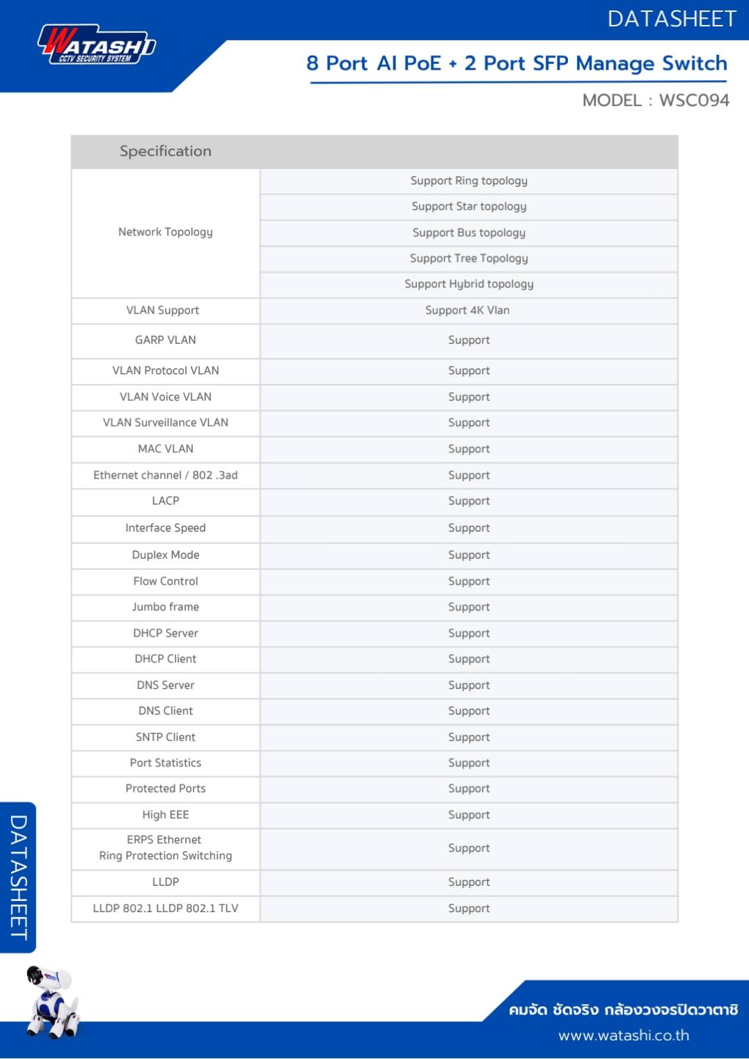 Watashi WSC094 8 Port AI PoE + 2 Port SFP Manage Switch