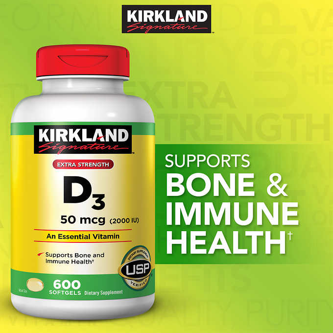 Kirkland Vitamin D3 50mcg (2000 IU) วิตามินดี วิตามินแดด 600 Softgels หมดอายุ 05/2027
