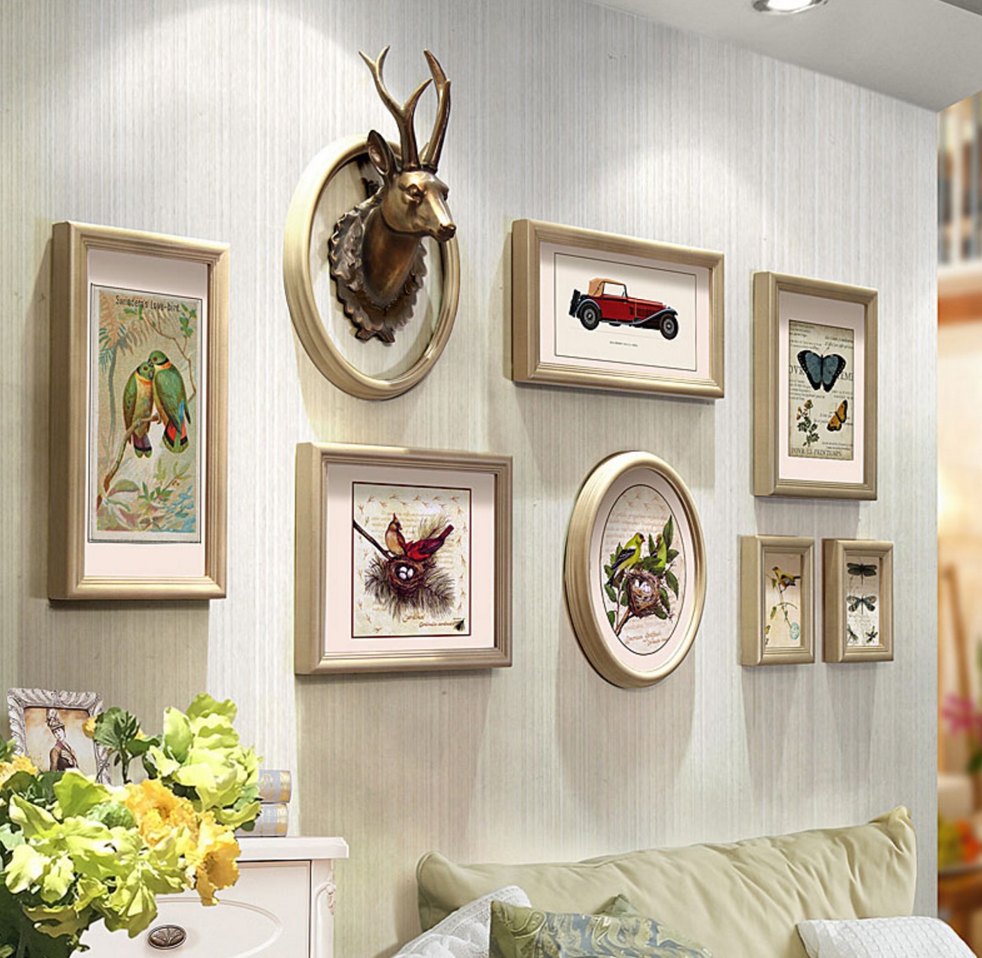 ชุดกรอบรูปติดผนัง Deer Model : กรอบรูปไม้ 8 ชิ้น+หัวกวาง พร้อมรูปภาพตามแบบและวัสดุติดตั้ง