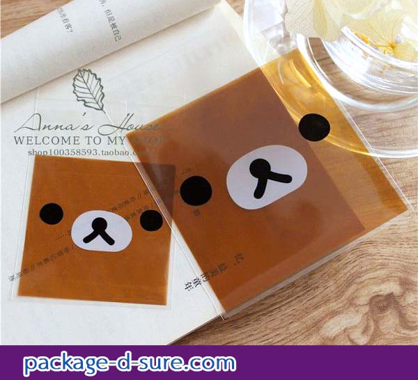 ล้างสต็อก//ถุงคุกกี้ แถบกาว 10x10 ลายหน้าหมีริลัคคุมะ พื้นหลังน้ำตาลเข้ม แพ็ค 100 ใบ