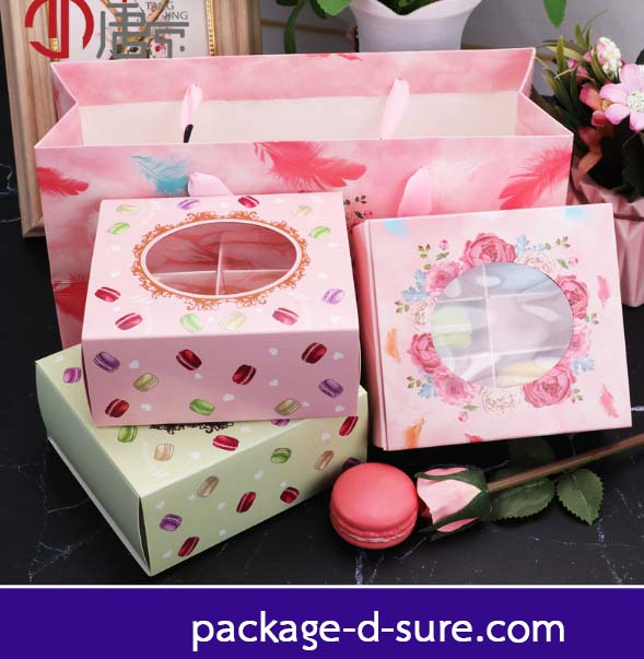 โปรโมชั่น//กล่องมาการอง 6 ชิ้น แยก 2 ชิ้น 12x11x5 สีชมพู ลายดอกกุหลาบ
