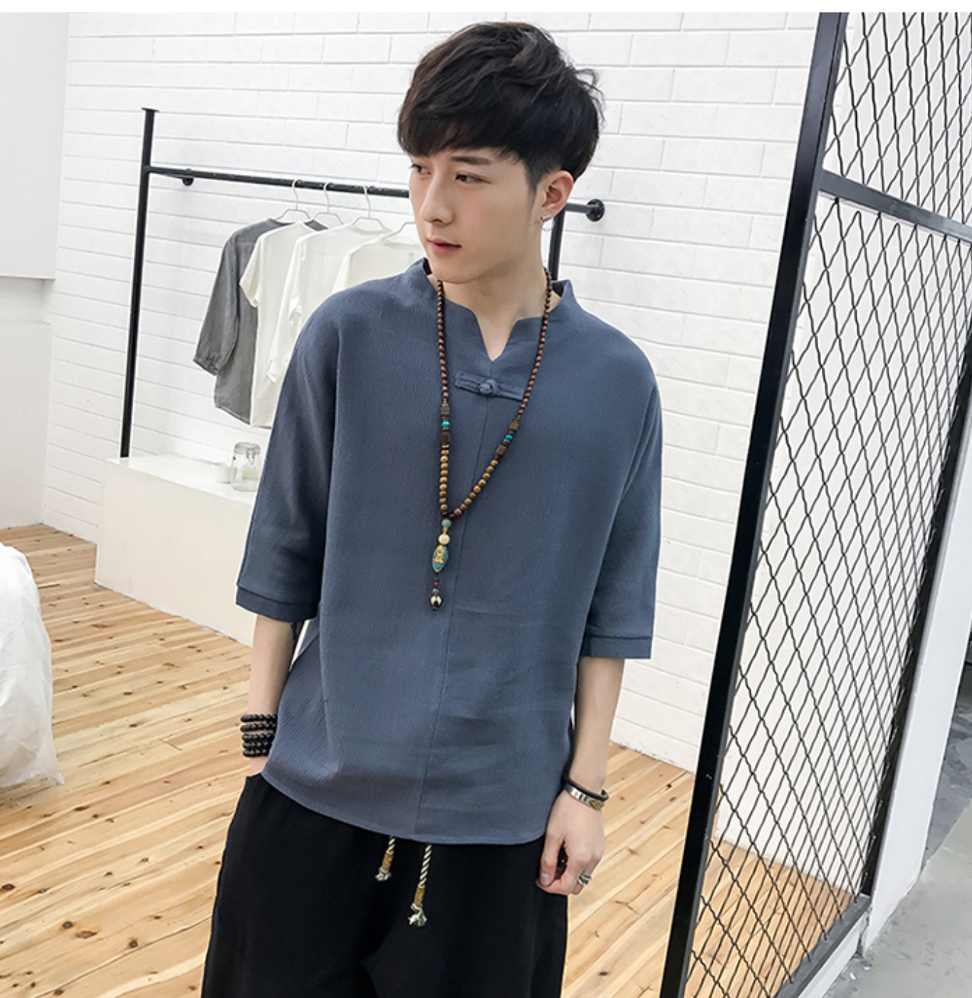 เสื้อจีนชาย ผ้าฝ้าย แขนสั้น สีเทา รหัส AT 60 สินค้าพร้อมส่ง