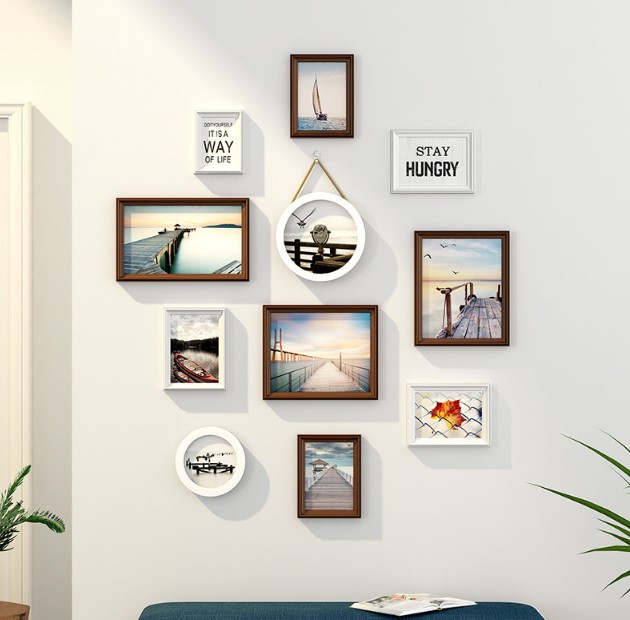 ชุดกรอบรูปติดผนัง Vertical set 11 (Brown&White-View) กรอบรูปไม้ 9 ชิ้นพร้อมภาพตามแบบ + รูปแคนวาส 2 ชิ้นและวัสดุติดตั้ง