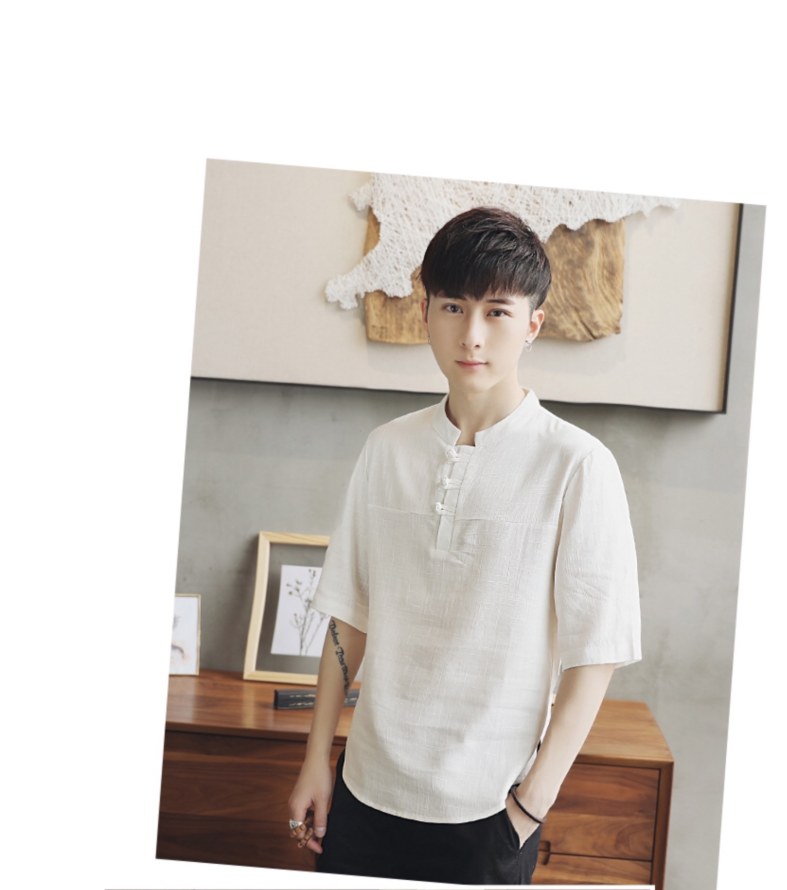 เสื้อผู้ชาย ผ้าลินิน สีขาว รหัส FO 74 สินค้าพร้อมส่ง