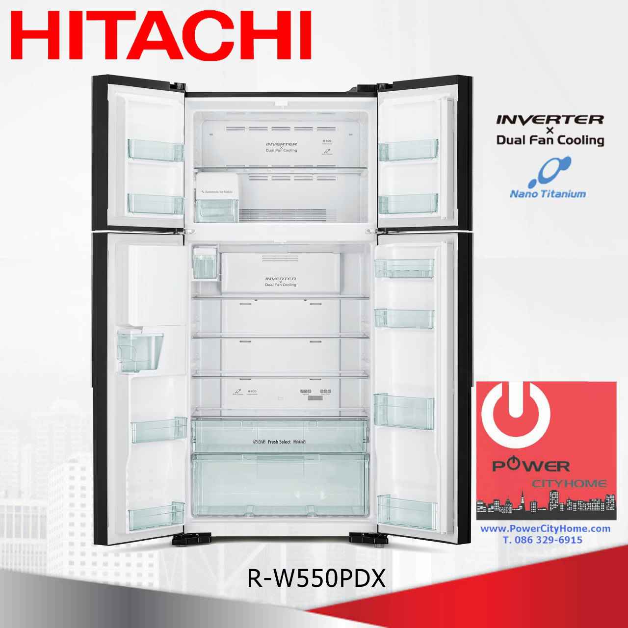 ตู้เย็น 4 ประตู Hitachi 19.1 คิว ประตูกระจก รุ่น R-W550PDX