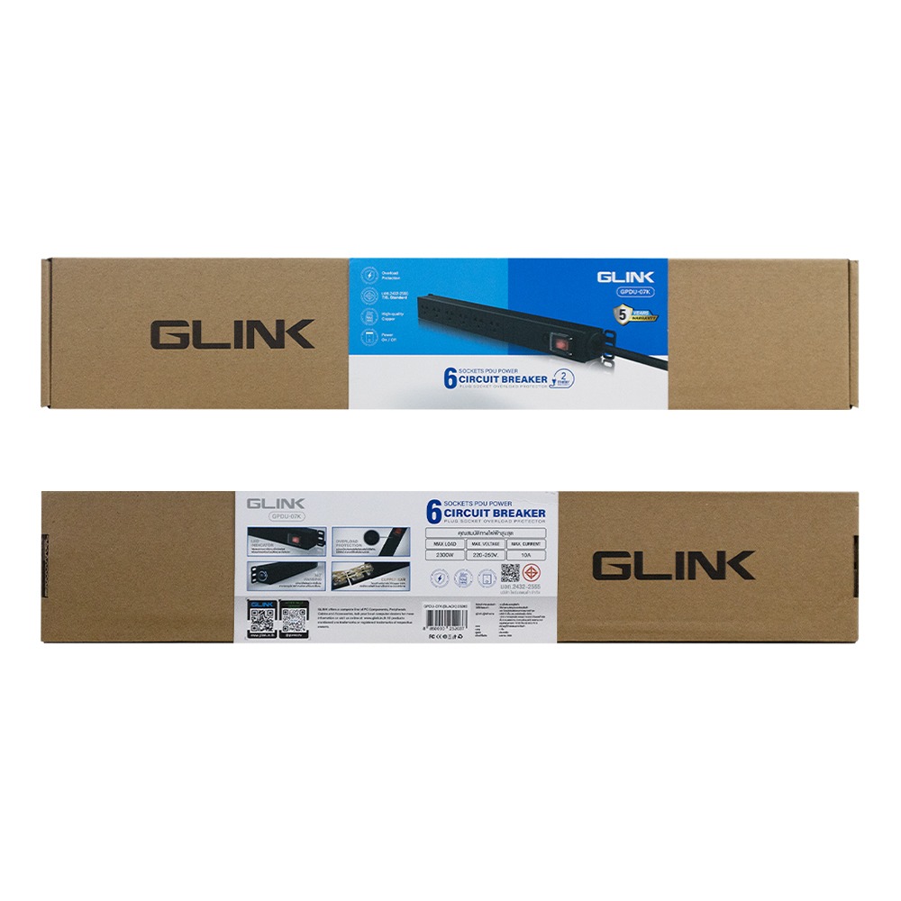 GPDU-07K BLACK รางปลั๊กไฟ 6ช่อง Overload Glink