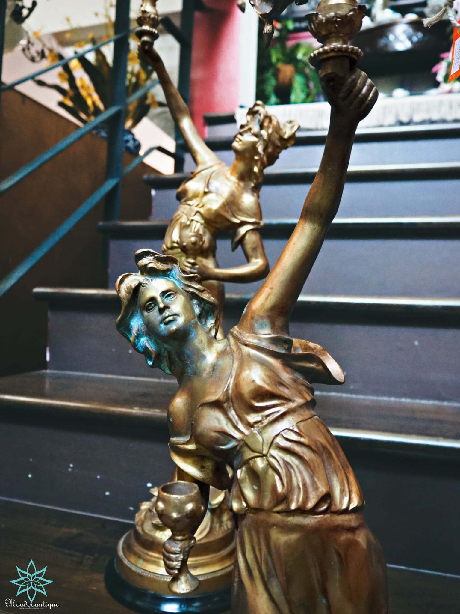 เชิงเทียนบรอนซ์รูปปั้นเทพีคู่งาน Art Nouveau Antique L&F Moreau