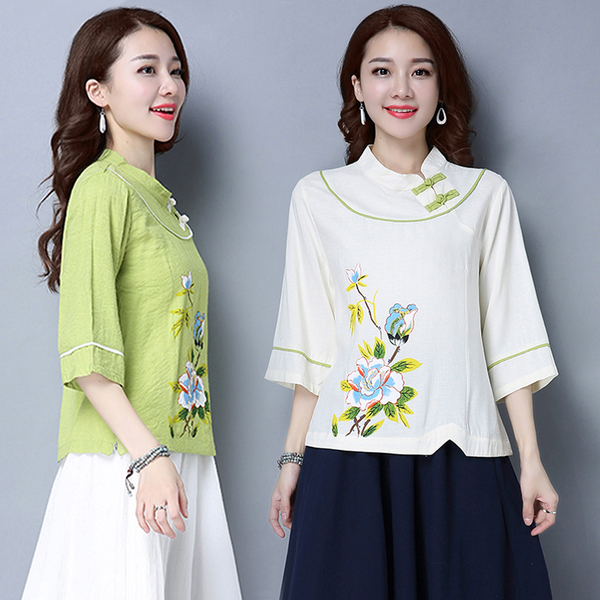 เสื้อสีเขียว ผ้าฝ้ายลายพิมพ์ปลายเสื้อ รหัส LG 57 สินค้าพร้อมส่ง
