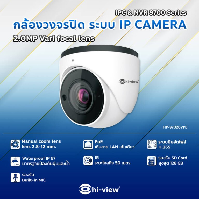 HP-97D20VPE Hiview กล้อง IP สำหรับติดตั้งภายใน ความคมชัด 2 ล้านพิกเซล มีไมค์ ปรับเลนส์ได้ 2.8 -12 มม. ราคารวม VAT 7% รับประกันสนิคา้ 3 ปี,