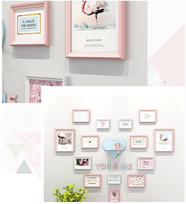 ชุดกรอบรูปติดผนัง YOU&ME-Heart กรอบรูปไม้ 14 ชิ้น+ชั้นวางหัวใจ+อักษร พร้อมภาพตามแบบและวัสดุติดตั้ง