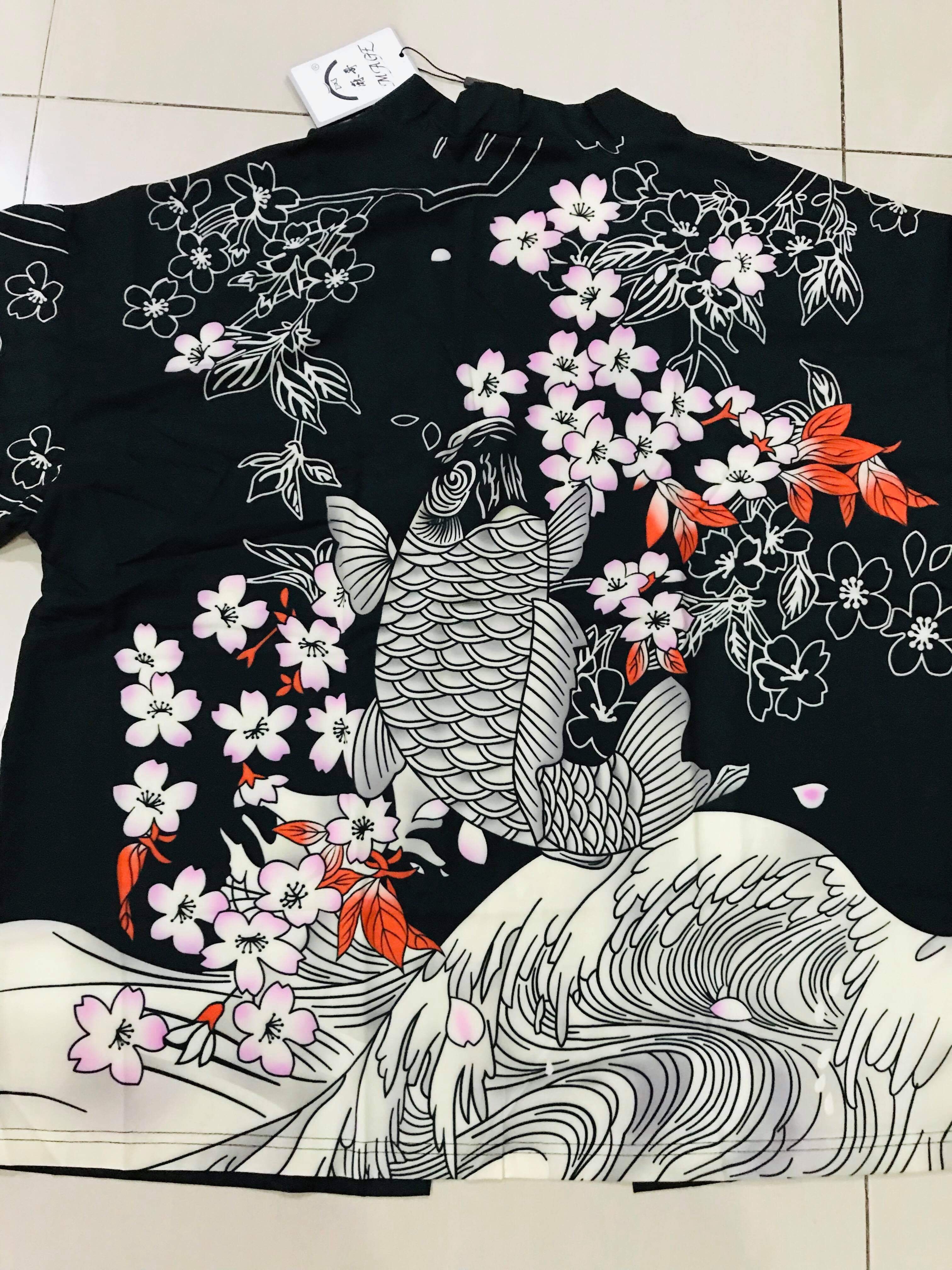 เสื้อแจ๊คเก็ต ผ้าลินิน ลายกิโมโน สีดำ รหัส HOT 60 สินค้าพร้อมส่ง