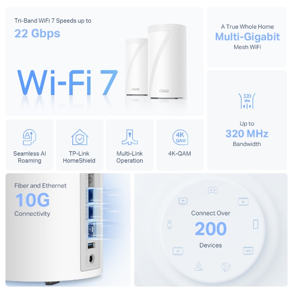 Deco BE85(2-Pack) BE22000 Whole Home Mesh Wi-Fi 7 System