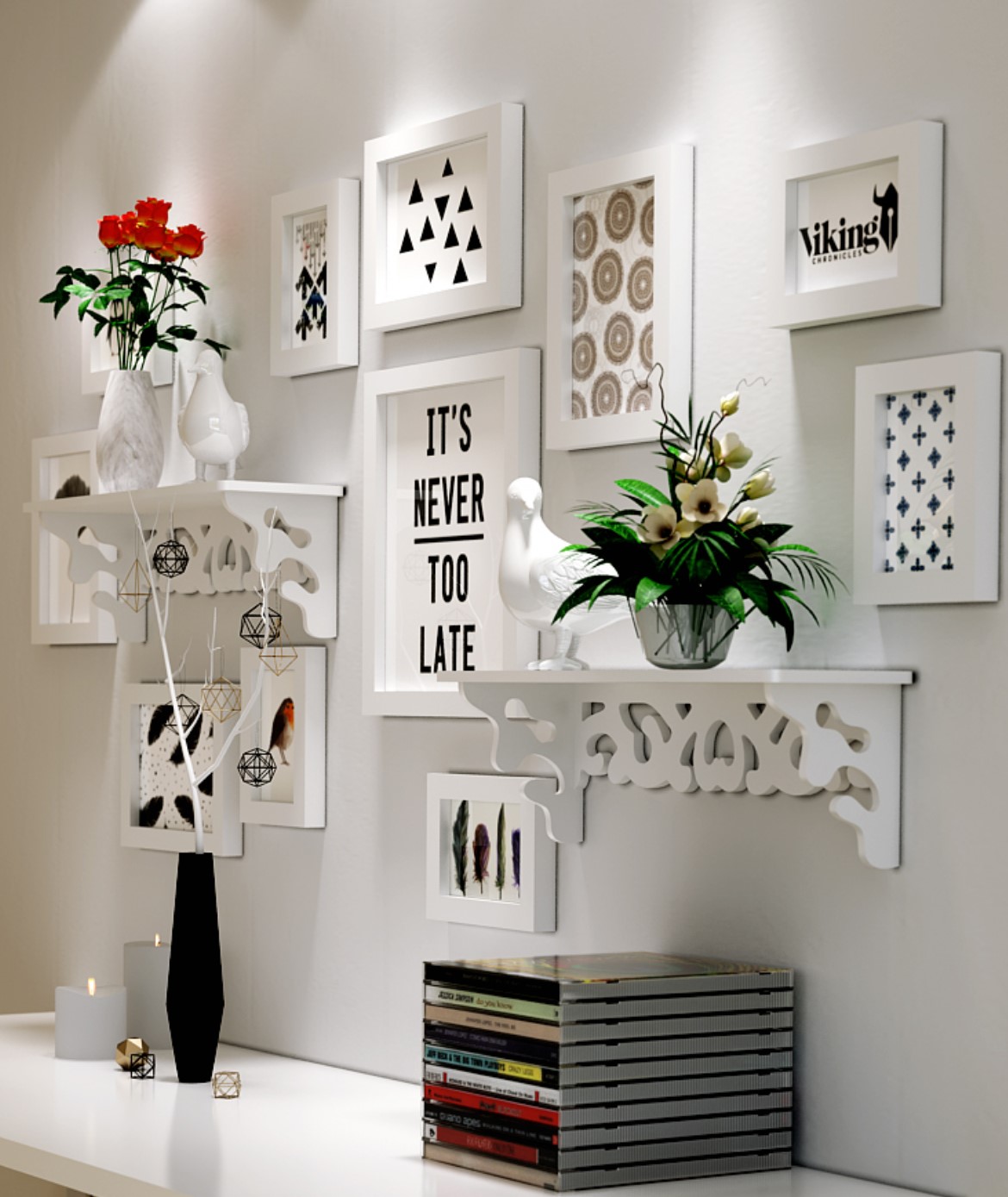 ชุดกรอบรูปติดผนัง White11+ชั้นวาง กรอบรูปไม้สีดำ 11 ชิ้น+ ชั้นวาง พร้อมรูปภาพตามแบบและวัสดุติดตั้ง