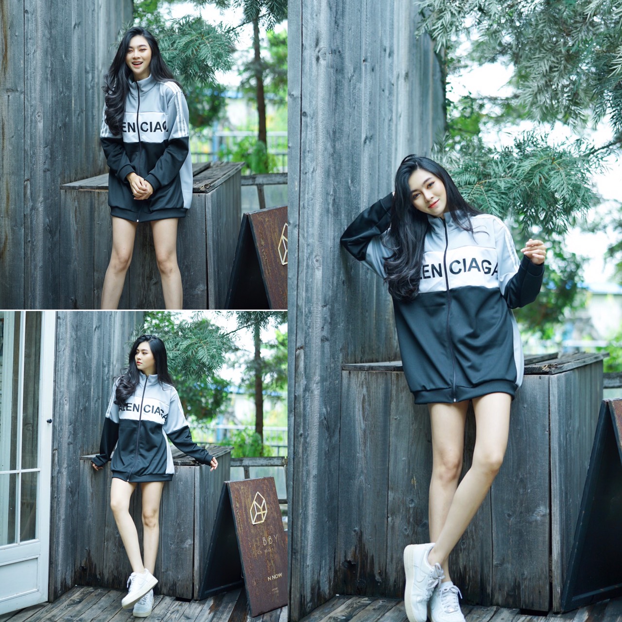 แจ็คเก็ตวอมแขนยาวตัดต่อผ้า สกีนลาย BB