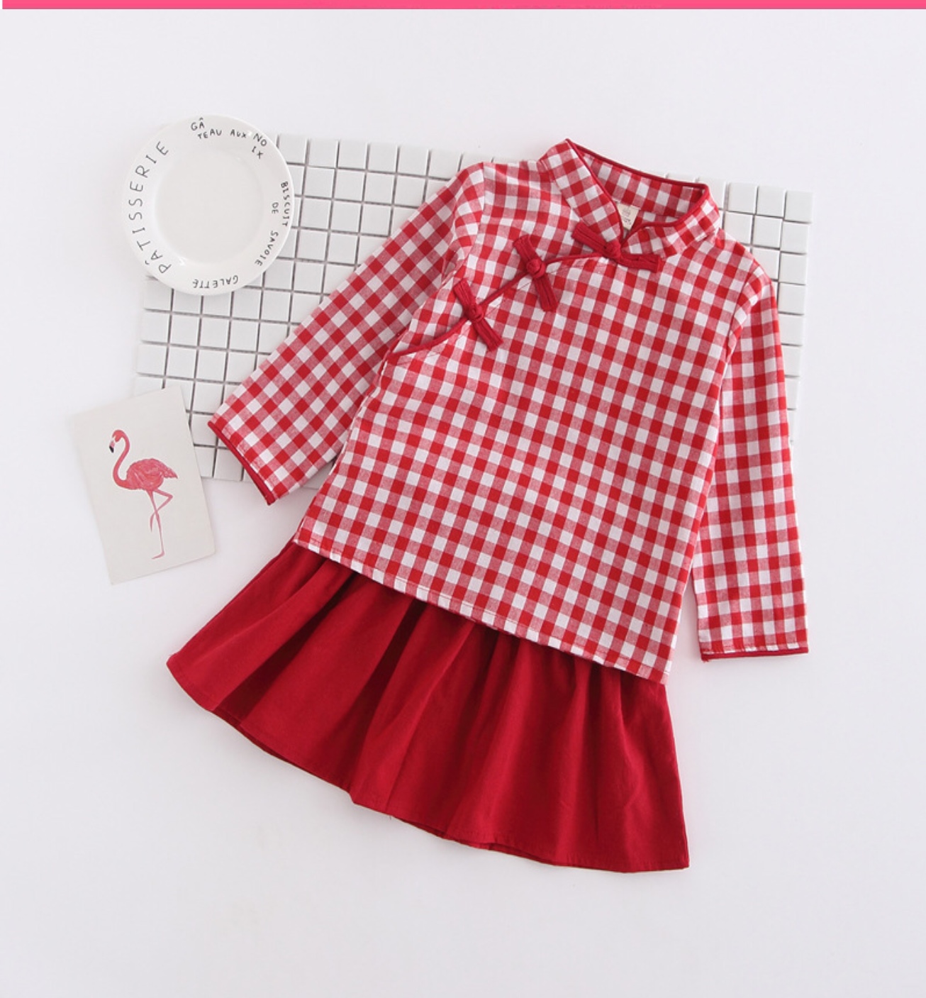 ชุดเสื้อลายสก๊อต +กระโปรง ผ้าฝ้าย สีแดง รหัส SC 58 สินค้าพร้อมส่ง